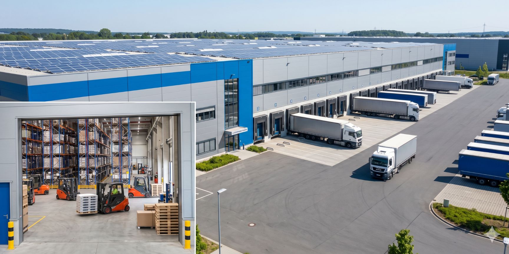 Ansicht einer modernen Logistikimmobilie mit vielen LKW-Verladetoren, sichtbarem Umschlaglager und Solarmodulen auf dem Hallendach für nachhaltigen Betrieb.